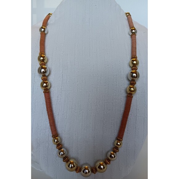 Vintage Signed CADORO Boho Two-Tone Ball Bead & Sequin Heshi Bead Necklace 38 in - Picture 2 of 7
